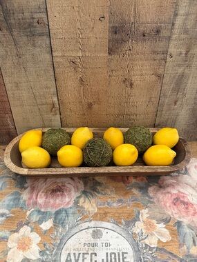 Rustic Wooden Oval Bowl Centerpiece with Decorative Lemons & Moss Spheres